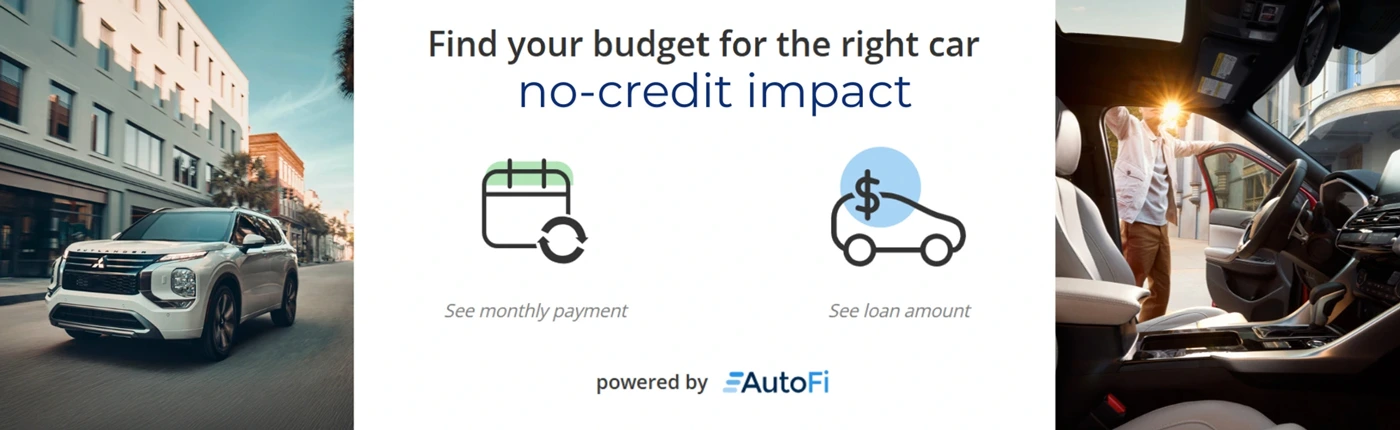 AutoFi ad shows a driver beside a modern SUV and a couple viewing a car interior, with no-credit-impact budget tools for monthly payments and loan amounts.