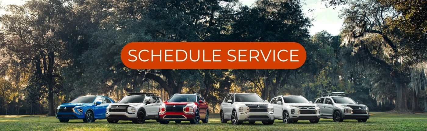 A row of SUVs and cars parked beneath leafy trees, with an orange banner reading SCHEDULE SERVICE.